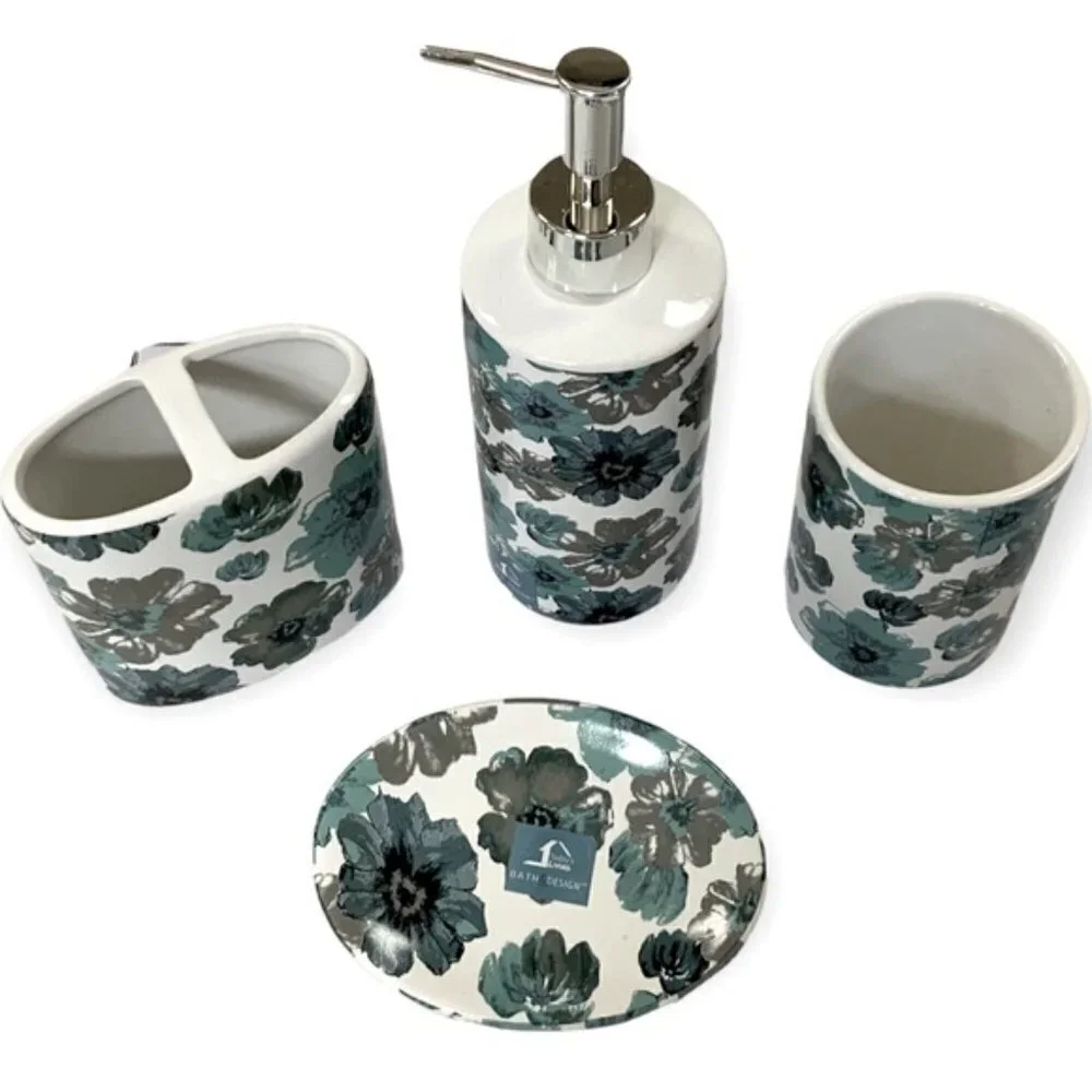 Floral Bath  Accessory Ceramic Set Sun Splash Collection White Blue 4 Piece Set